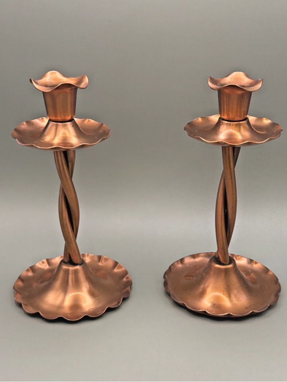 2 COPPER Candlestick Candle Holder Signed Gregorian Luted Twisted Vintage USA 7"